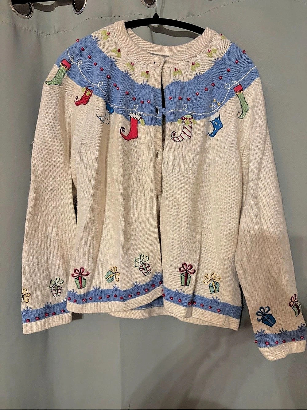 Holiday Embroidered Cardigan in Cream & Blue